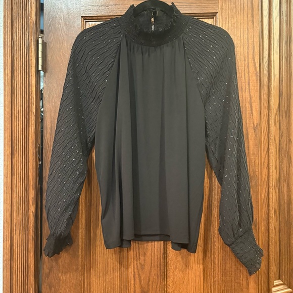 Ann Taylor Tops - NWT Ann Taylor Black Mock Neck Metallic Polk Dot Balloon Sleeve LP $75